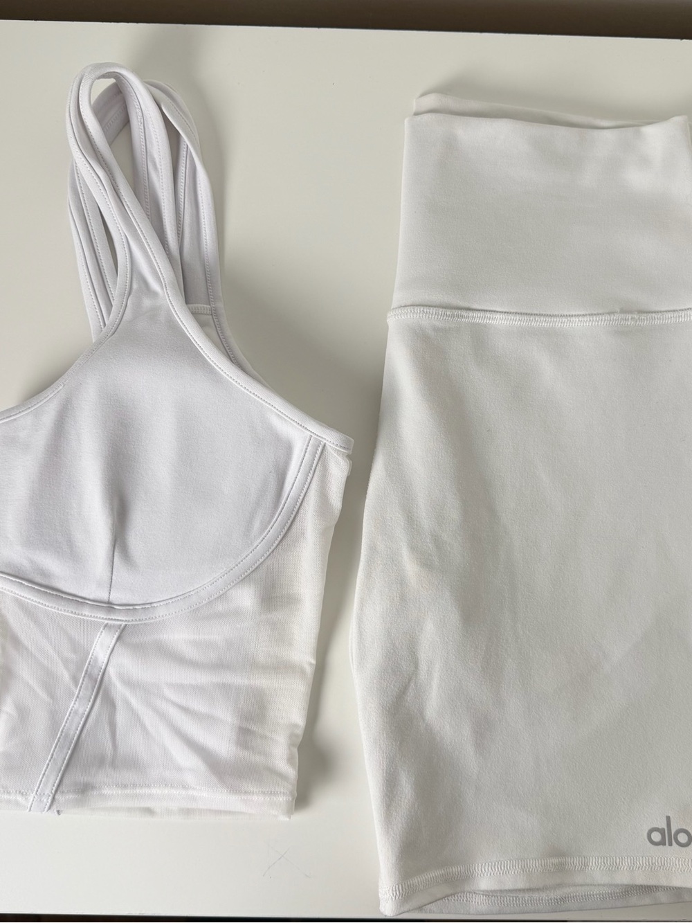 ALO Yoga White Seamless Bike Shorts and Crop Tank Set